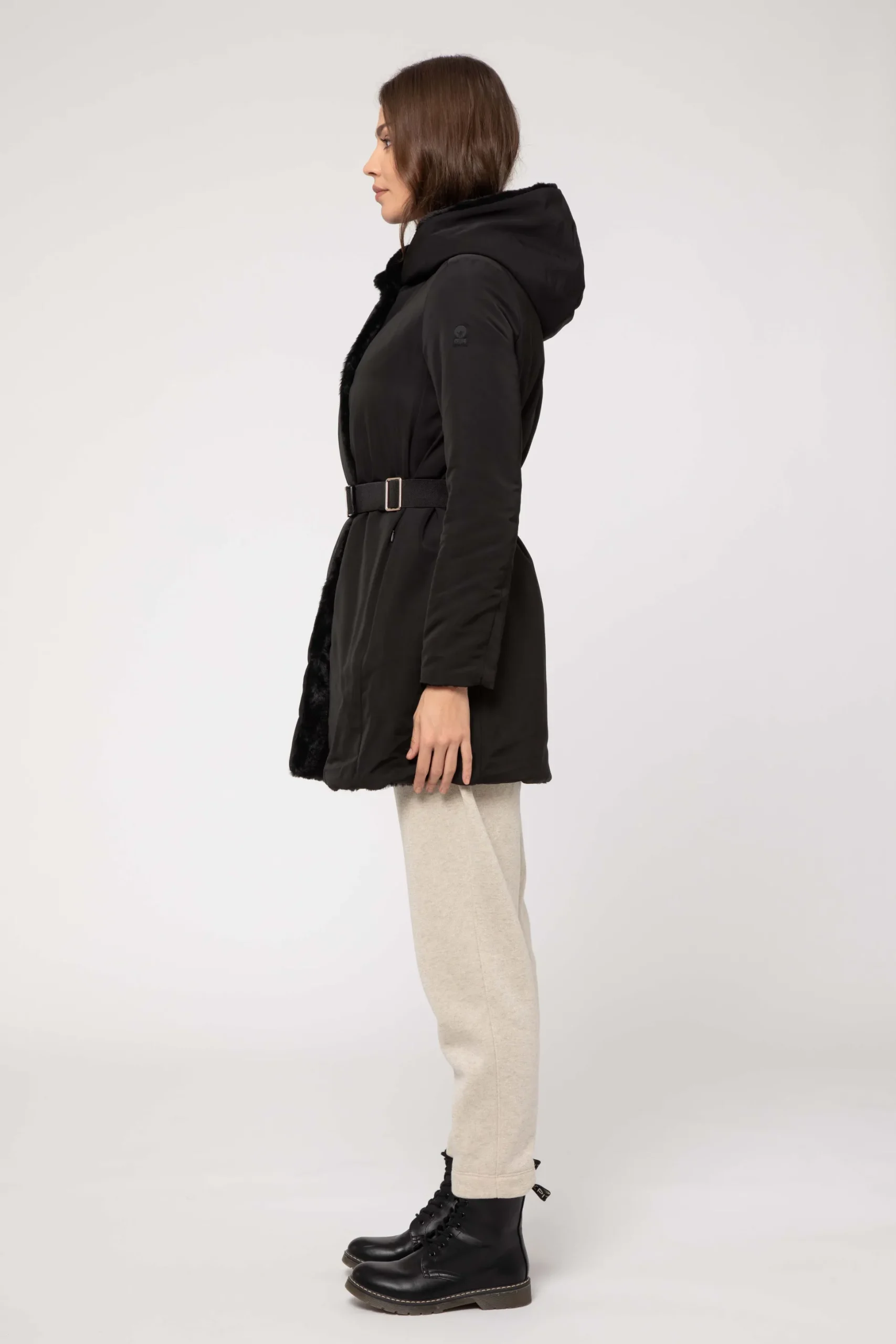 Giacca Lunga Nera Reversibile Con Cintura